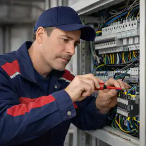 elettricista al lavoro su quadro elettrico impianto civile e industriale