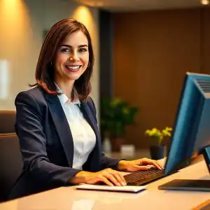 Segretaria sorridente lavora al computer in un ufficio elegante, gestendo documenti e comunicazioni con precisione.