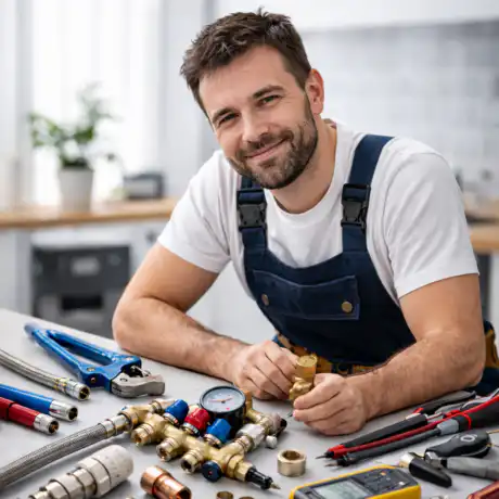 Tecnico termoidraulico sorridente al lavoro su impianto idraulico domestico