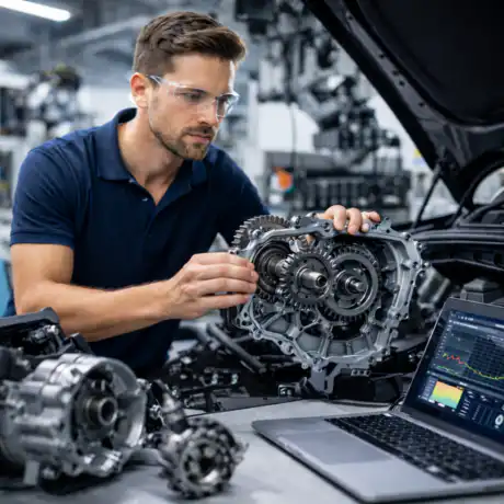 Tecnico meccatronico analizza ingranaggi di un motore automotive con laptop per diagnostica in officina industriale