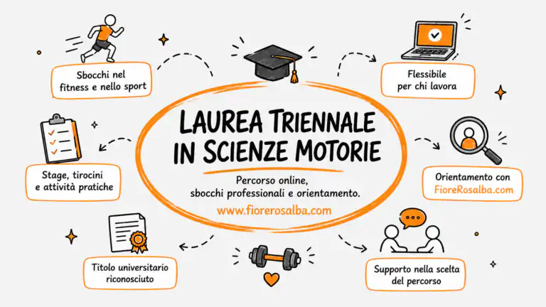 Infografica sulla Laurea Triennale in Scienze Motorie online con sbocchi professionali, stage, tirocini e orientamento FioreRosalba.com