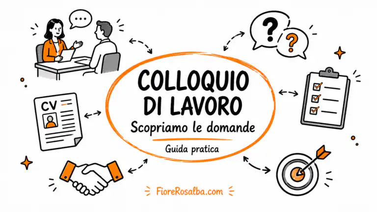 Illustrazione sketchnote sul colloquio di lavoro con domande, curriculum e guida pratica