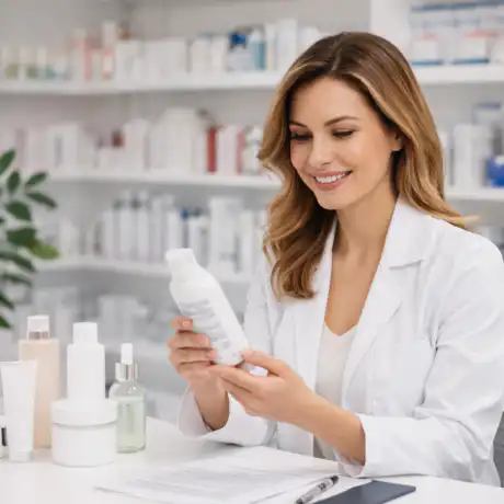 consulente cosmetica che analizza l’INCI di un prodotto skincare in laboratorio cosmetico