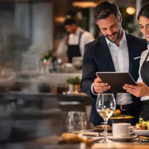 Food & Beverage Manager che gestisce il servizio di ristorazione e coordina il personale in un ristorante professionale