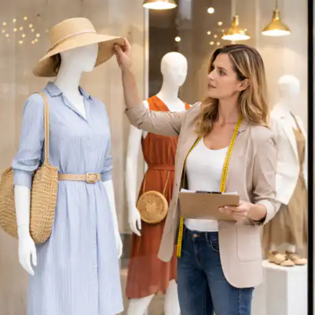 visual merchandiser che allestisce una vetrina di negozio con manichini e abbigliamento moda