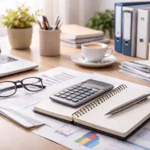 Persona che lavora in ufficio amministrativo con documenti contabili, bilancio aziendale e strumenti di contabilità