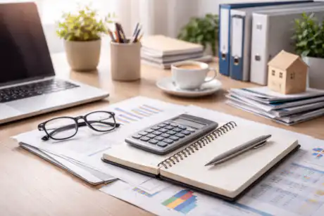 Persona che lavora in ufficio amministrativo con documenti contabili, bilancio aziendale e strumenti di contabilità
