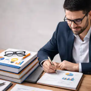 professionista analizza dati marketing e business plan su scrivania corso marketing strategico innovazione aziendale online