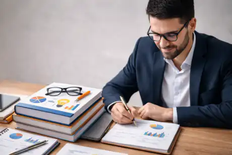 professionista analizza dati marketing e business plan su scrivania corso marketing strategico innovazione aziendale online