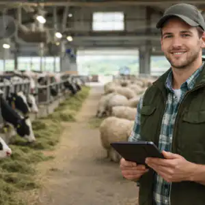 Allevatore in stalla moderna con tablet che gestisce un allevamento bovino con sistemi tecnologici di monitoraggio animale