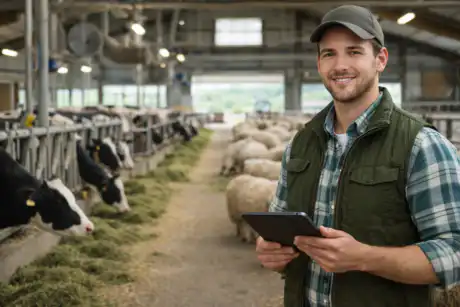 Allevatore in stalla moderna con tablet che gestisce un allevamento bovino con sistemi tecnologici di monitoraggio animale