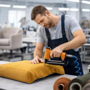 tappezziere che realizza imbottitura e rivestimento di una seduta con pistola pneumatica in laboratorio di tappezzeria
