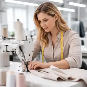 confezionista abbigliamento al lavoro con macchina da cucire industriale in laboratorio moda