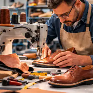 tecnico calzaturiero che assembla una scarpa in pelle con macchina da cucire industriale in laboratorio di produzione calzature