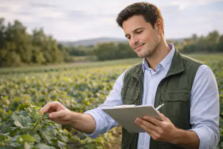 Operatore agricolo che controlla le coltivazioni in campo durante le attività di gestione di un’azienda agricola.