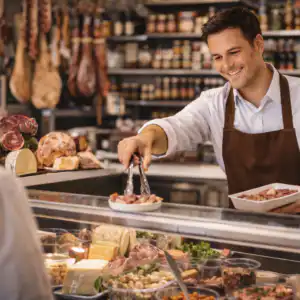 Operatore al banco prodotti alimentari mentre prepara e serve salumi e formaggi al banco gastronomia di un negozio alimentare