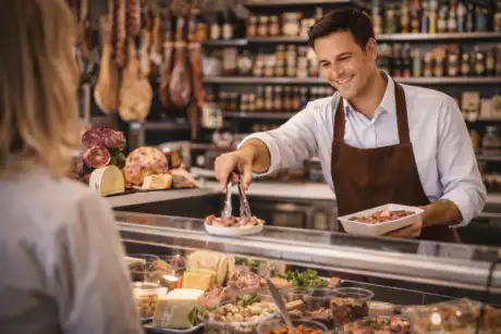 Operatore al banco prodotti alimentari mentre prepara e serve salumi e formaggi al banco gastronomia di un negozio alimentare