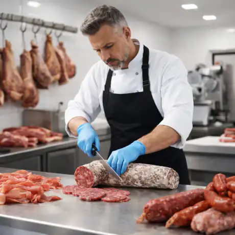 operatore lavorazione carni e salumi taglio salame in laboratorio di trasformazione carne