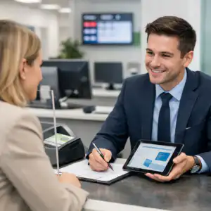 Impiegato bancario allo sportello mentre assiste una cliente in una banca moderna