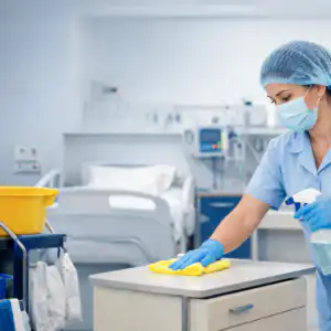 addetto alla sanificazione e pulizia in ambiente ospedaliero durante la disinfezione di una stanza di ospedale
