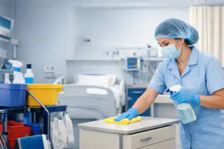 addetto alla sanificazione e pulizia in ambiente ospedaliero durante la disinfezione di una stanza di ospedale