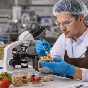 Tecnico controllo qualità alimentare che analizza campioni di prodotti alimentari in laboratorio per verificare sicurezza e qualità della produzione.