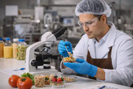 Tecnico controllo qualità alimentare che analizza campioni di prodotti alimentari in laboratorio per verificare sicurezza e qualità della produzione.