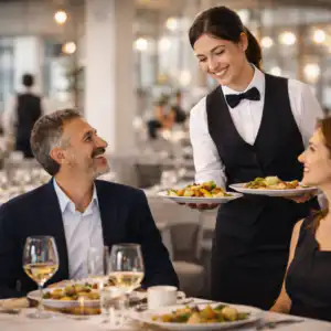 Cameriera professionale che serve piatti a tavola in un ristorante durante il servizio di sala