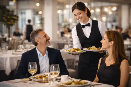 Cameriera professionale che serve piatti a tavola in un ristorante durante il servizio di sala