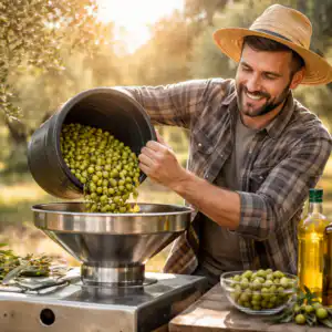 Tecnico olivicoltura mentre produce olio extravergine in oliveto