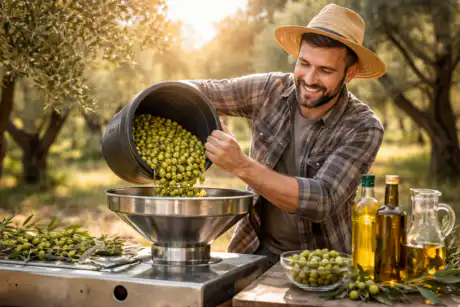 Tecnico olivicoltura mentre produce olio extravergine in oliveto