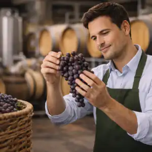 Vinificatore che controlla la fermentazione del vino in cantina tra botti e serbatoi durante il processo di vinificazione.