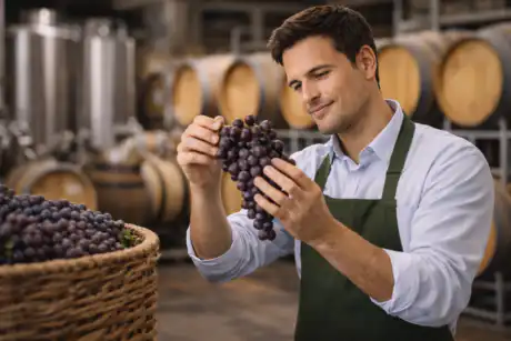 Vinificatore che controlla la fermentazione del vino in cantina tra botti e serbatoi durante il processo di vinificazione.