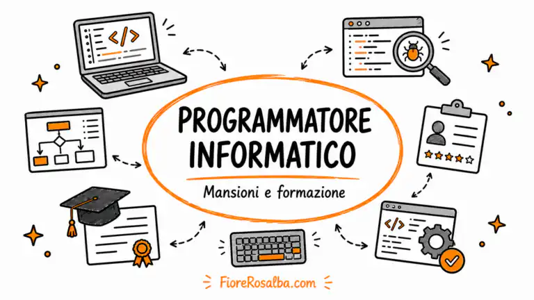 Illustrazione sketchnote su programmatore informatico, mansioni, competenze e formazione
