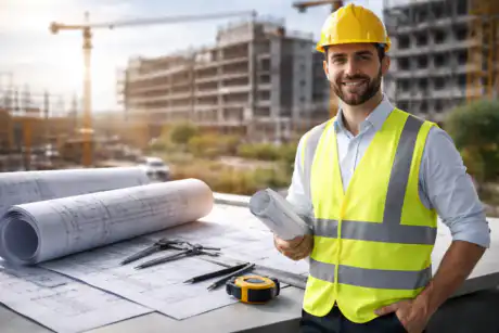 Ingegnere civile con casco e progetti in cantiere – Laurea Magistrale in Ingegneria Civile online UniNettuno