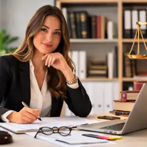 Segretaria di studio legale e notarile al lavoro in ufficio con documenti giuridici e computer – corso online amministrazione legale