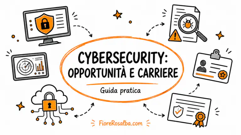 Illustrazione sketchnote su opportunità e carriere nella cybersecurity con icone di sicurezza informatica, formazione e certificazioni