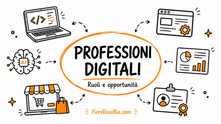 Illustrazione sketchnote sulle professioni digitali, ruoli emergenti e opportunità di carriera online