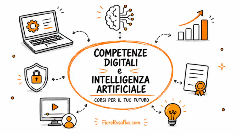 Illustrazione sketchnote su competenze digitali, intelligenza artificiale e corsi di formazione online