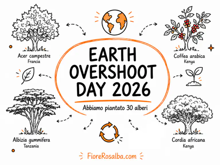 Earth Overshoot Day 2026 con le quattro specie di alberi piantate da FioreRosalba.com in Francia, Kenya e Tanzania
