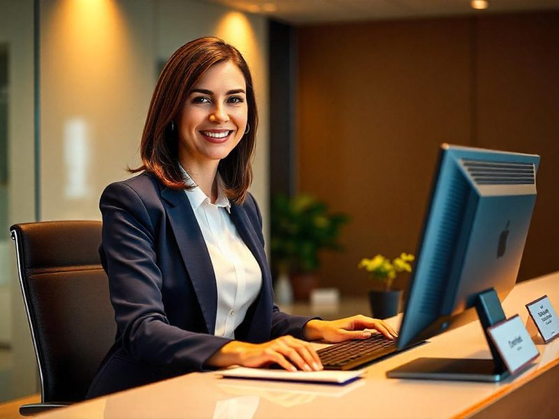 Segretaria sorridente lavora al computer in un ufficio elegante, gestendo documenti e comunicazioni con precisione.